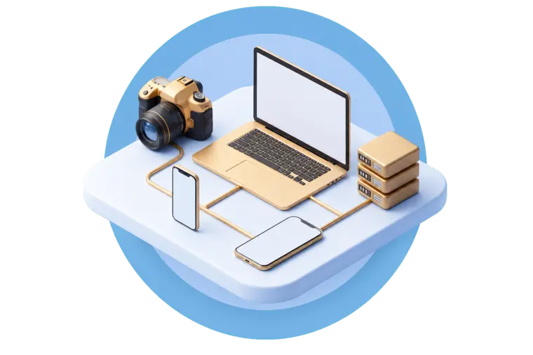Laptop, camera and digital devices representing Khushi Digital Studio services